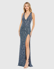 Blue Sleeveless V Neck Embellished Gown