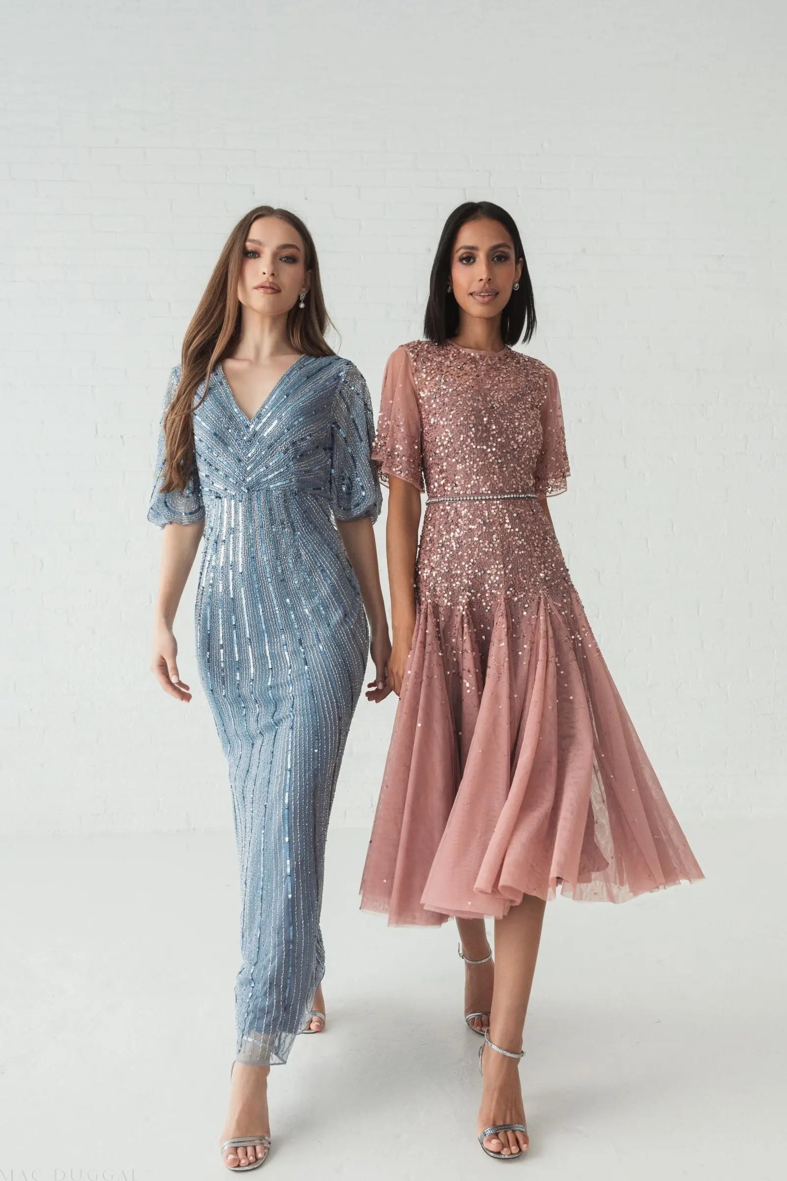 Blue Sequined V Neck Cape Sleeve Gown - FINAL SALE