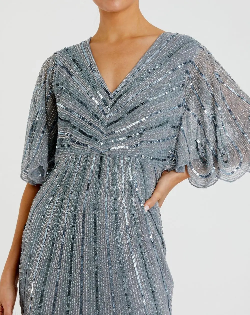 Blue Sequined V Neck Cape Sleeve Gown - FINAL SALE