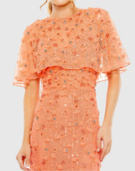 Orange Embellished Illusion Cape Sleeve Trumpet Gown