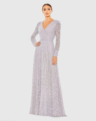 Beaded Lace Long Sleeve Wrap Over Gown