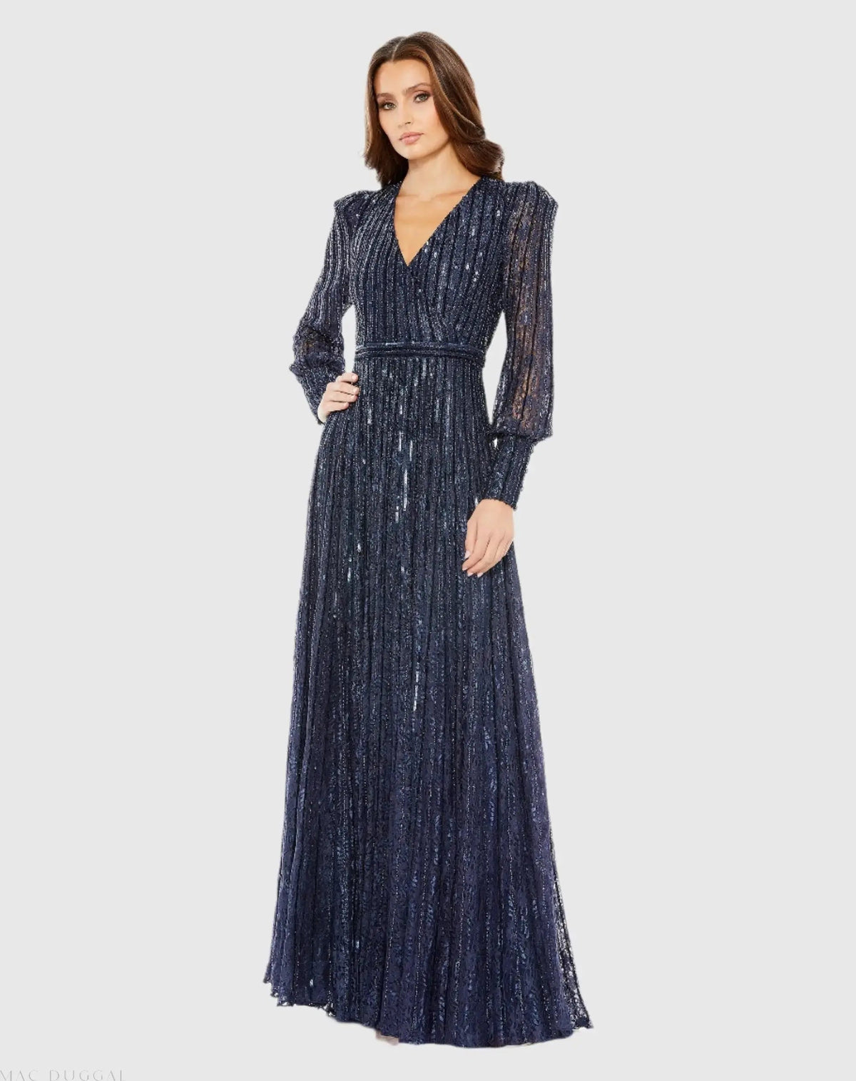 Navy Beaded Lace Long Sleeve Wrap Over Gown