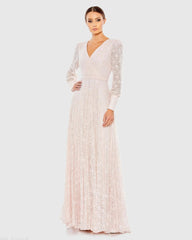 Pink Beaded Lace Long Sleeve Wrap Over Gown