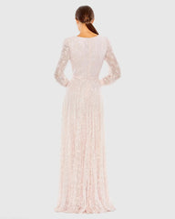 Pink Beaded Lace Long Sleeve Wrap Over Gown
