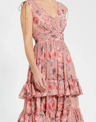Pink Drawstring Shoulder Chiffon Tiered Floral Dress