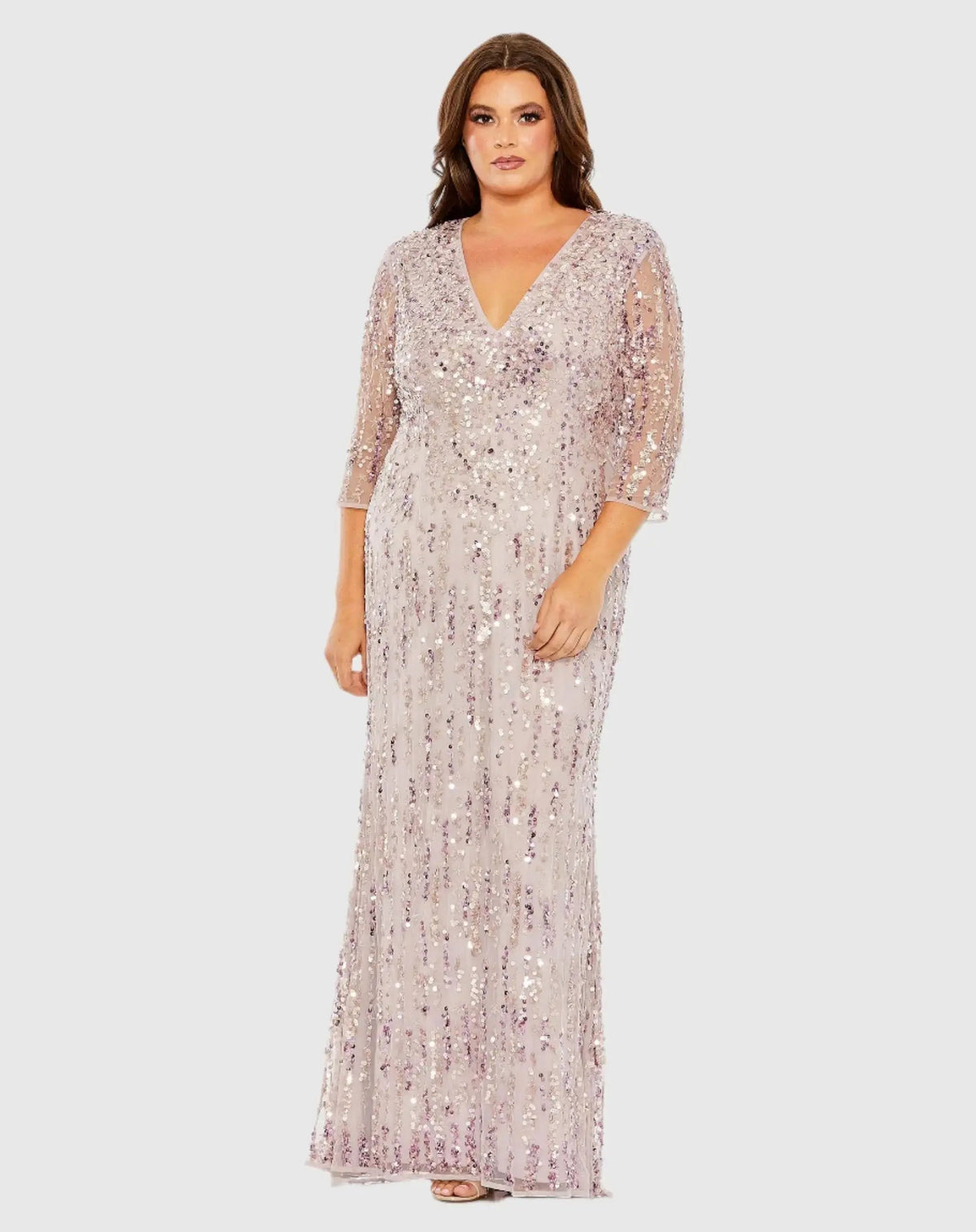Mid Length Mesh Sleeve V Neck Embellished Gown