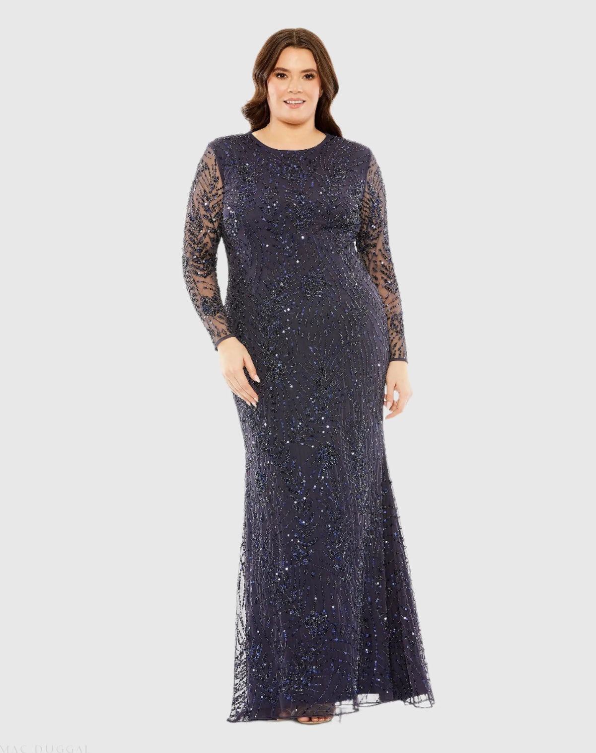 Navy Long Sleeve Mesh Embellished Gown