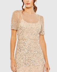 Gold High Neck Short Sleeve Sequin Embellished Gown