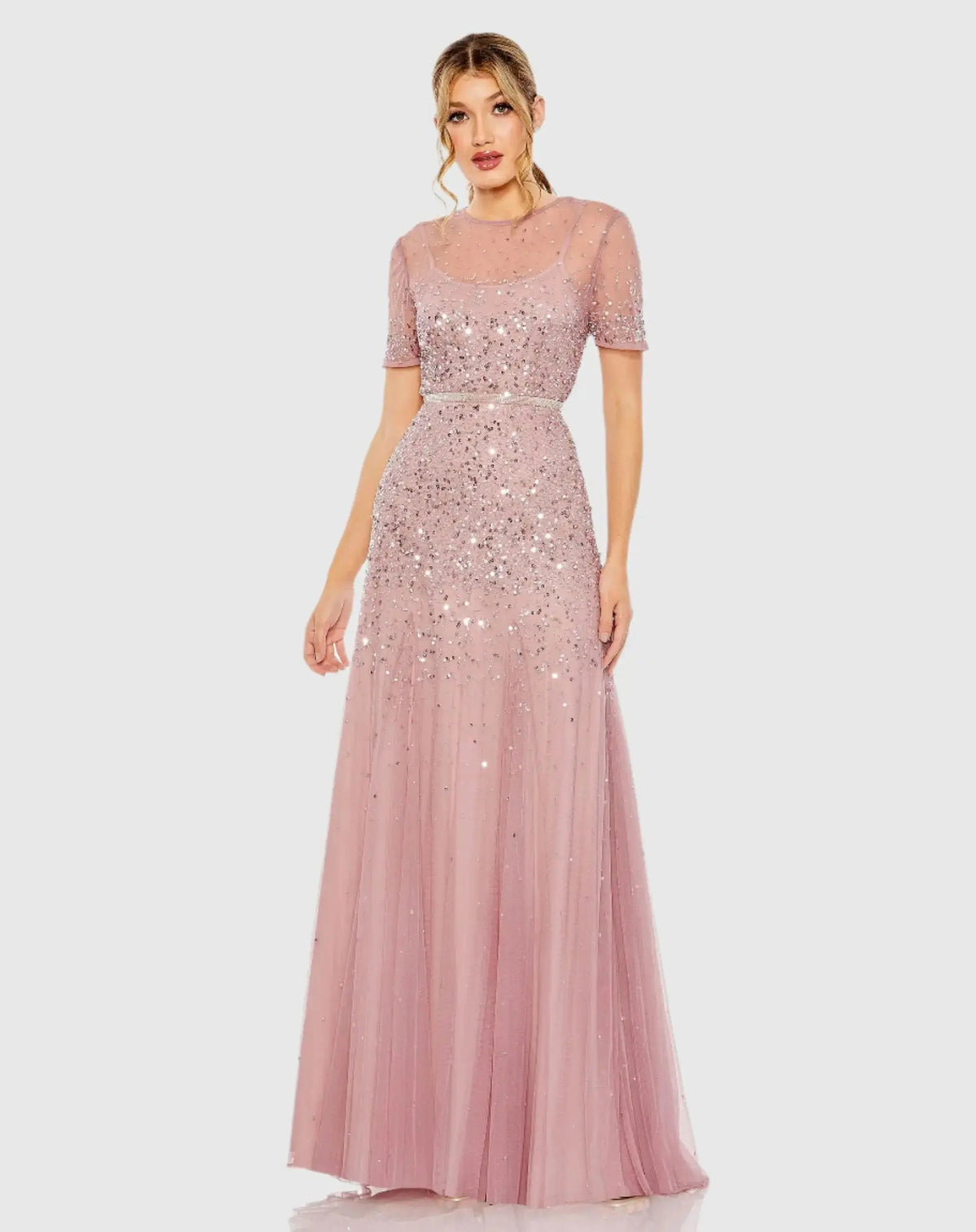 High Neck Short Sleeve Sequin Embellished Gown
