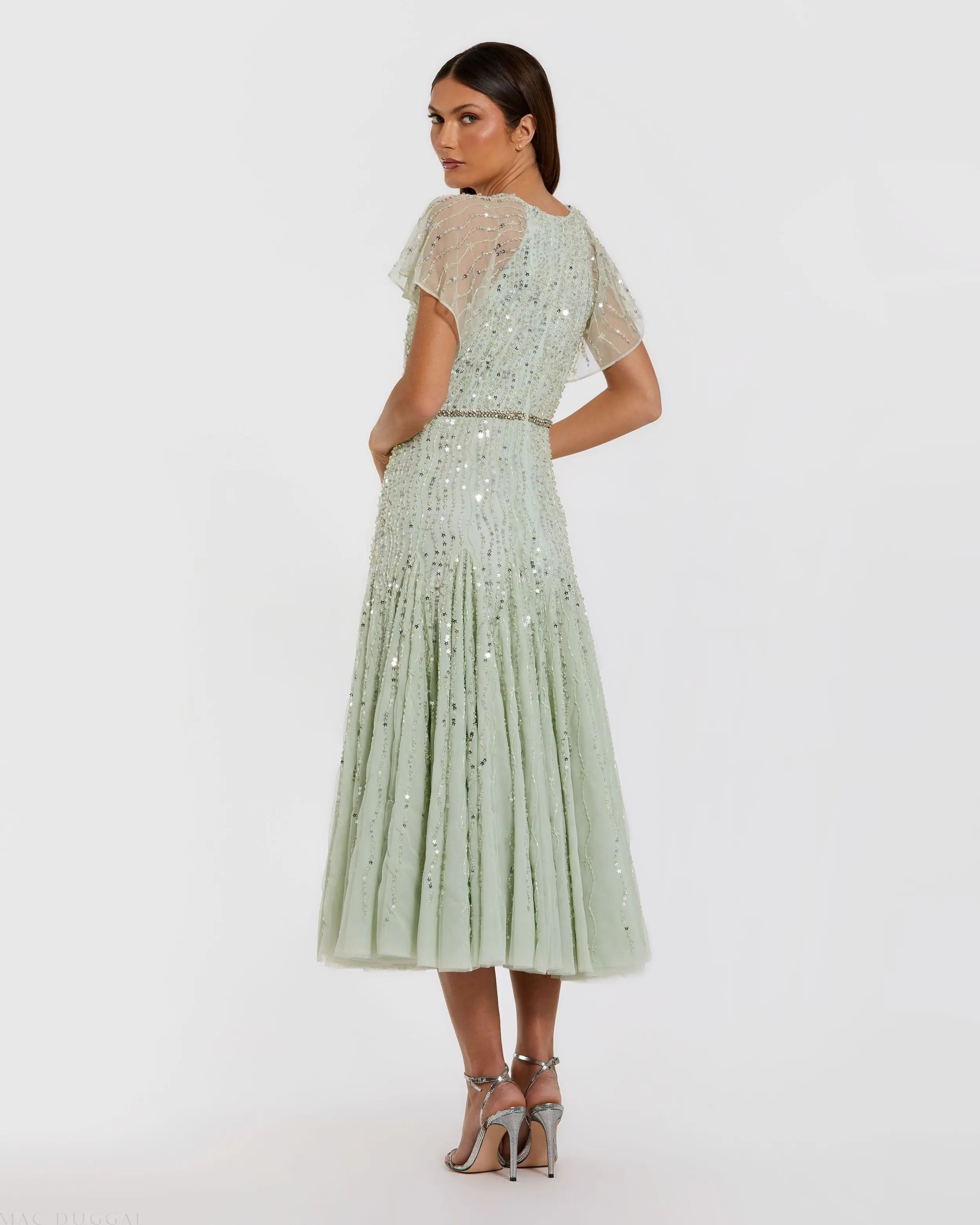 Green Embellished Bow Flutter Sleeve A Line Midi Dress