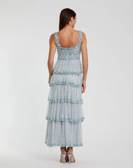 Blue Embellished Net Tiered Ruffle Scoop Neck Dress
