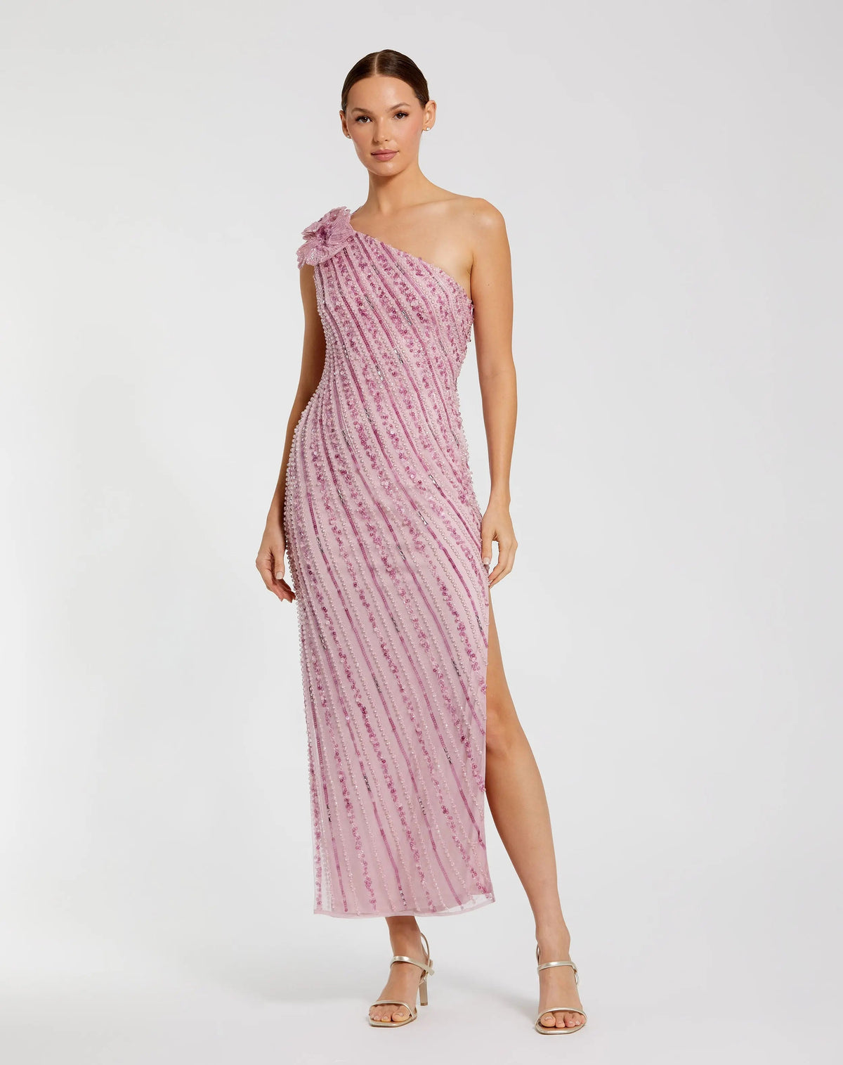 Pink One Shoulder Beaded Mesh Dress With Flower