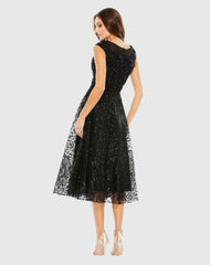 Black Sequined Cap Sleeve Fit and Flare Dress