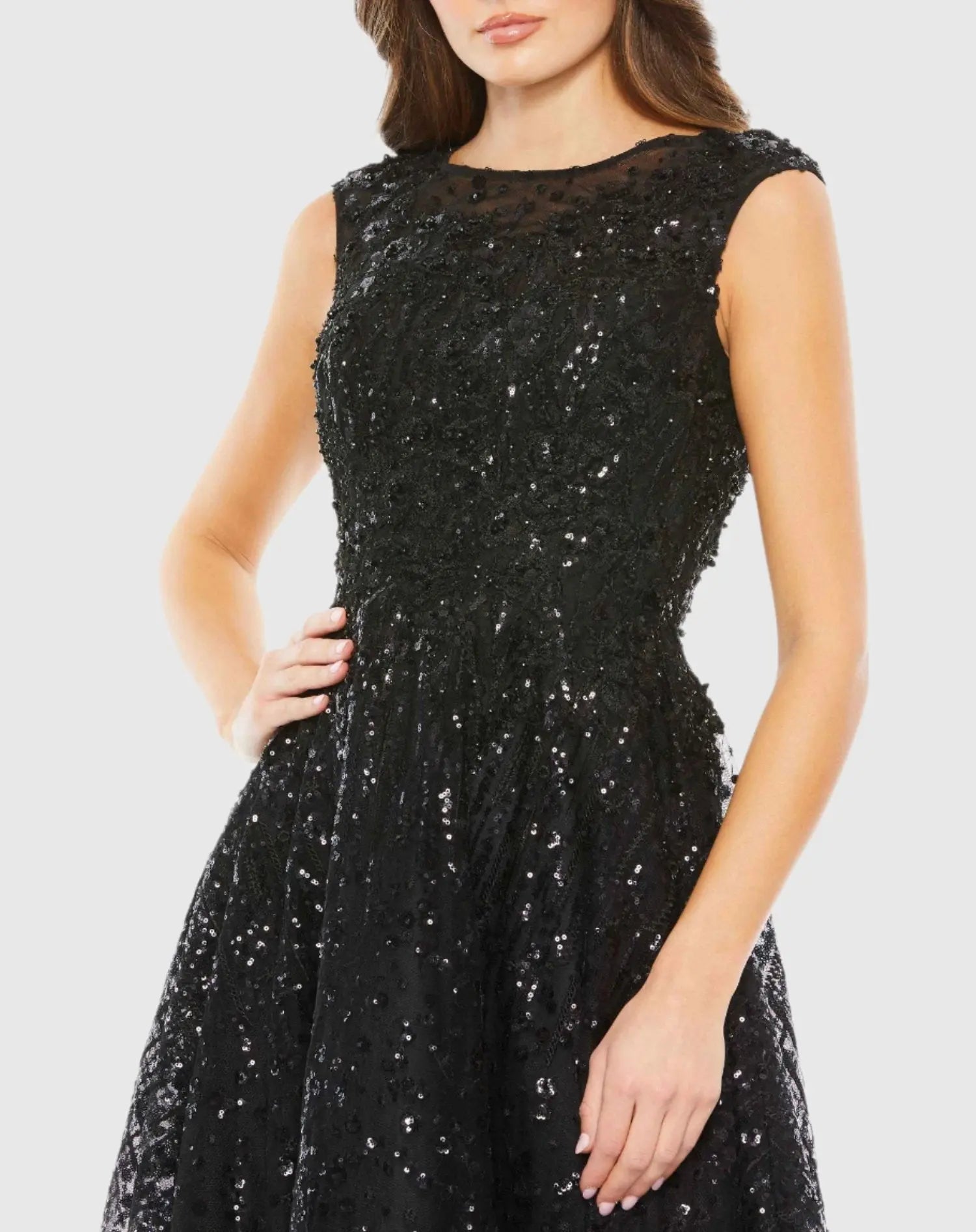 Black Sequined Cap Sleeve Fit and Flare Dress