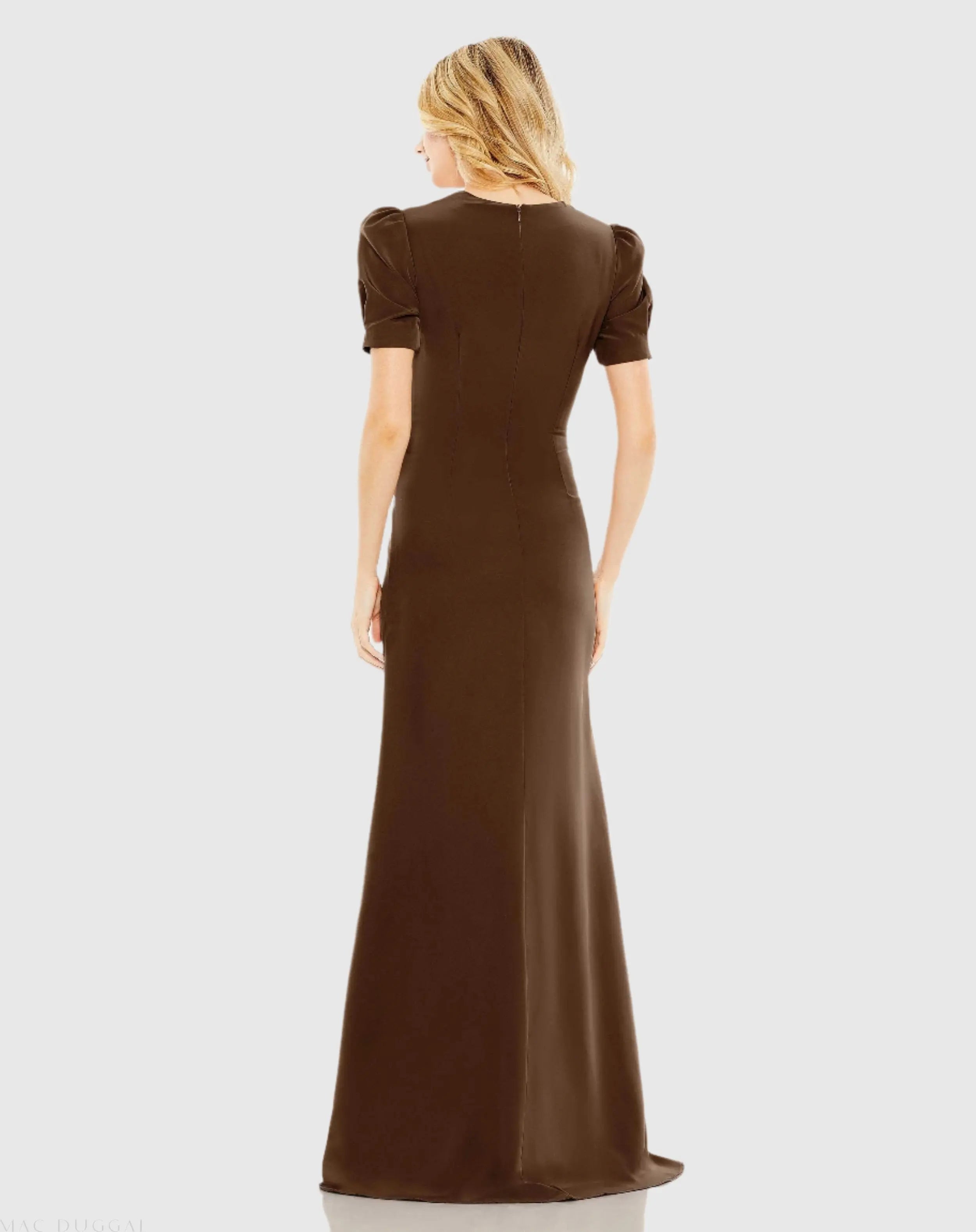 Brown Plunge Neck Puff Sleeve Cut Out Gown - FINAL SALE