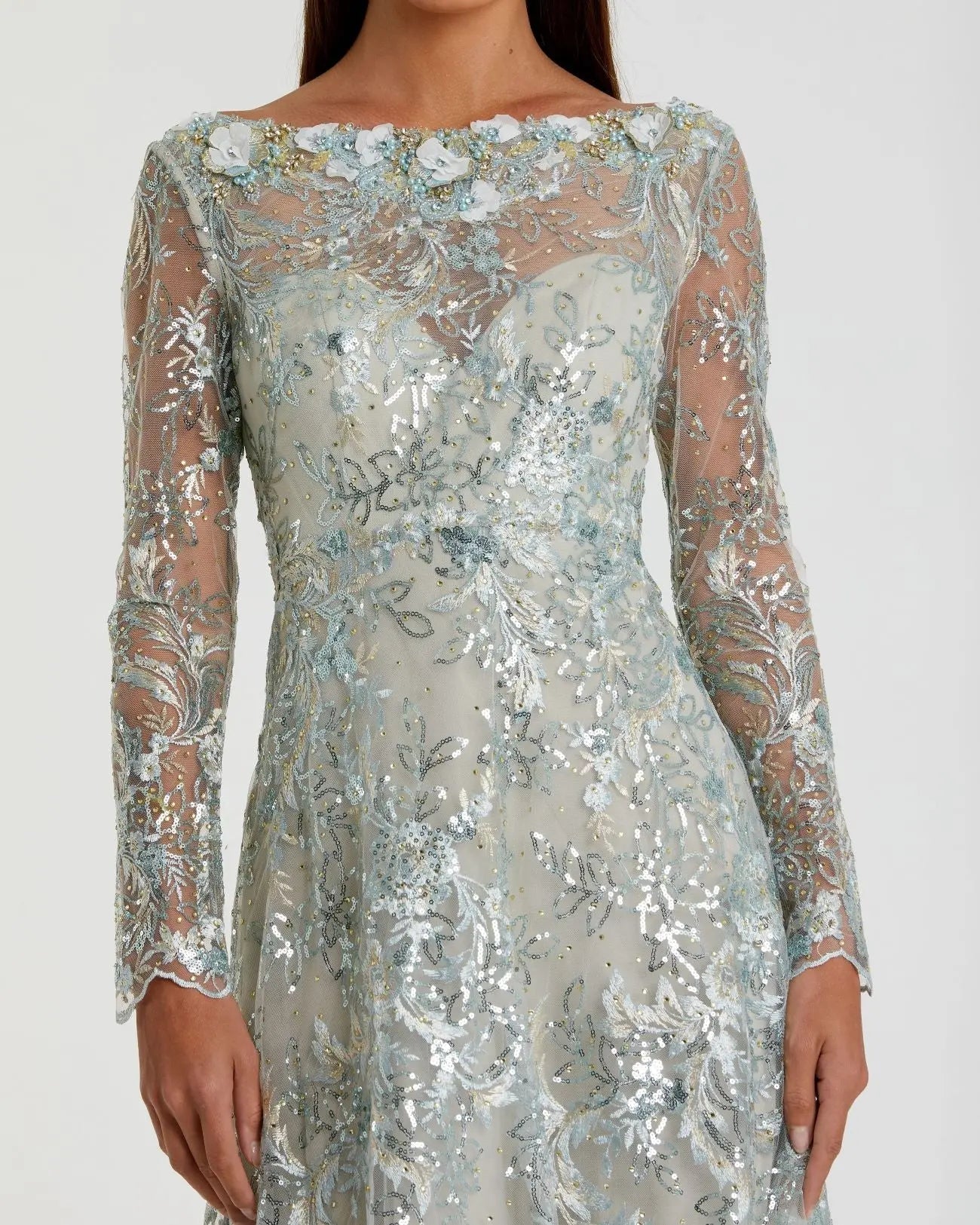 Green Floral Embroidered Illusion Long Sleeve Gown