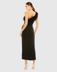 Black Feather Trim One Shoulder Draped Dress