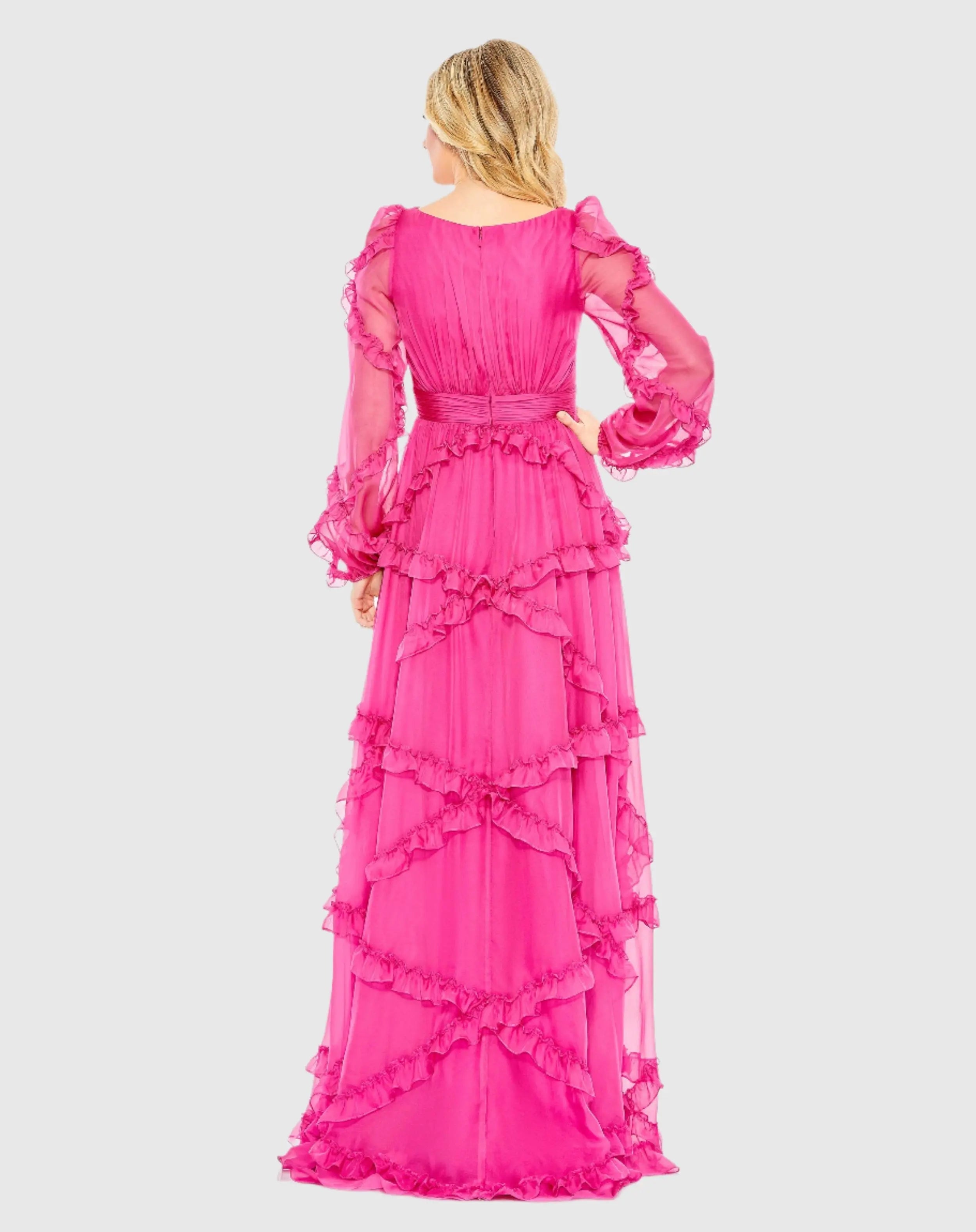 Pink Ruffle A-line Gown with Sheer Long Sleeves
