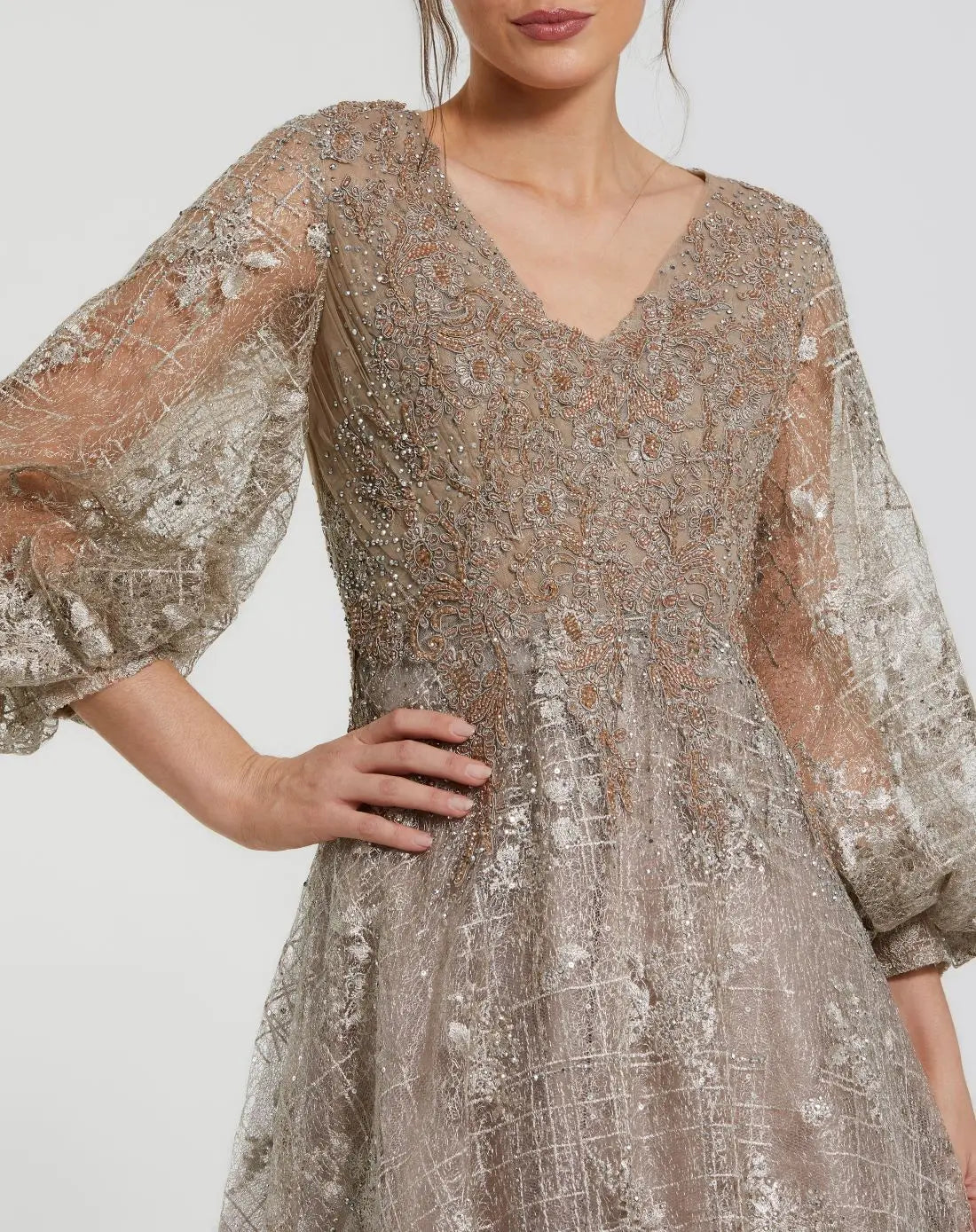 Beige Embellished Plunge Neck Puff Sleeve A Line Gown