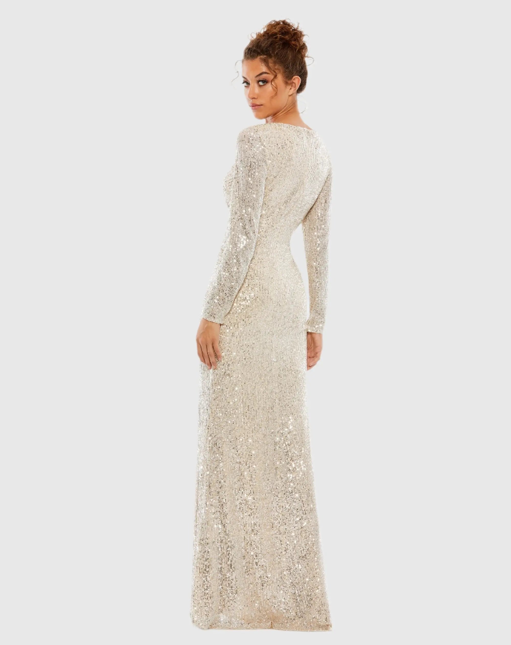 Beige Sequined Faux Wrap Long Sleeve Column Gown