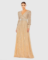 Beige Sequined Wrap Over Bishop Sleeve Gown
