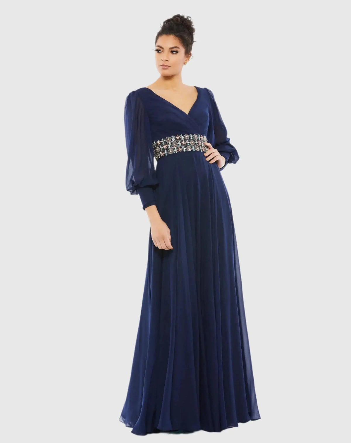 Navy Bishop Sleeve Wrap Over Belt Detail Flowy Gown