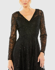 Black Crystal Embellished Long Sleeve V Neck Gown