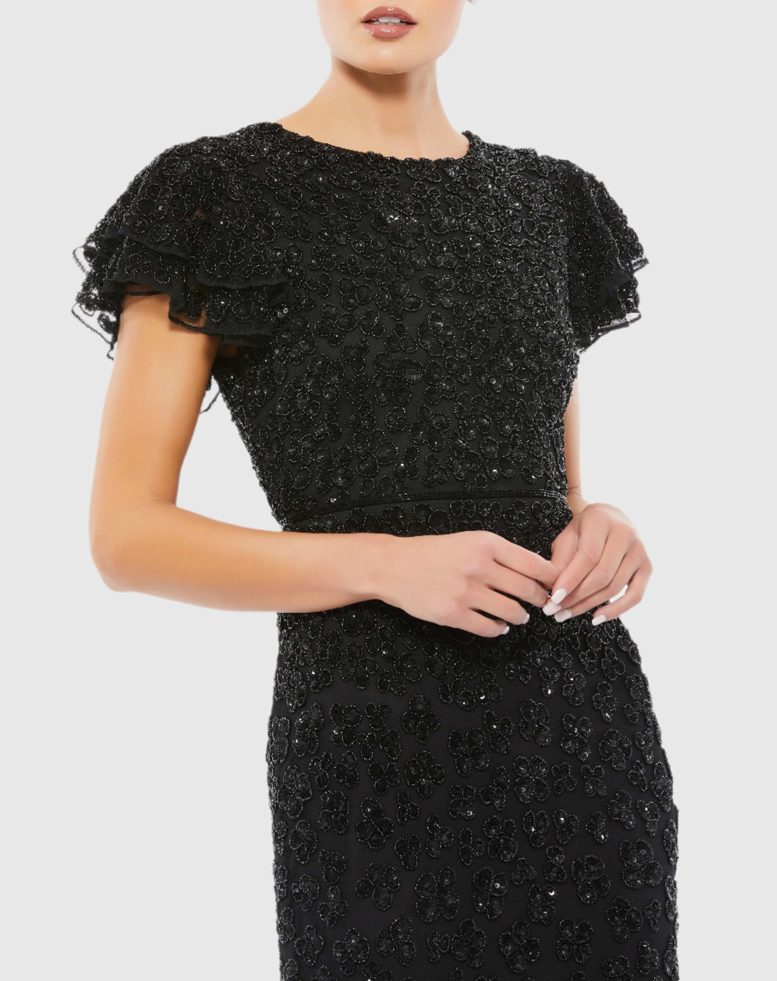 Black Hand Beaded Flounce Sleeve Midi Dress