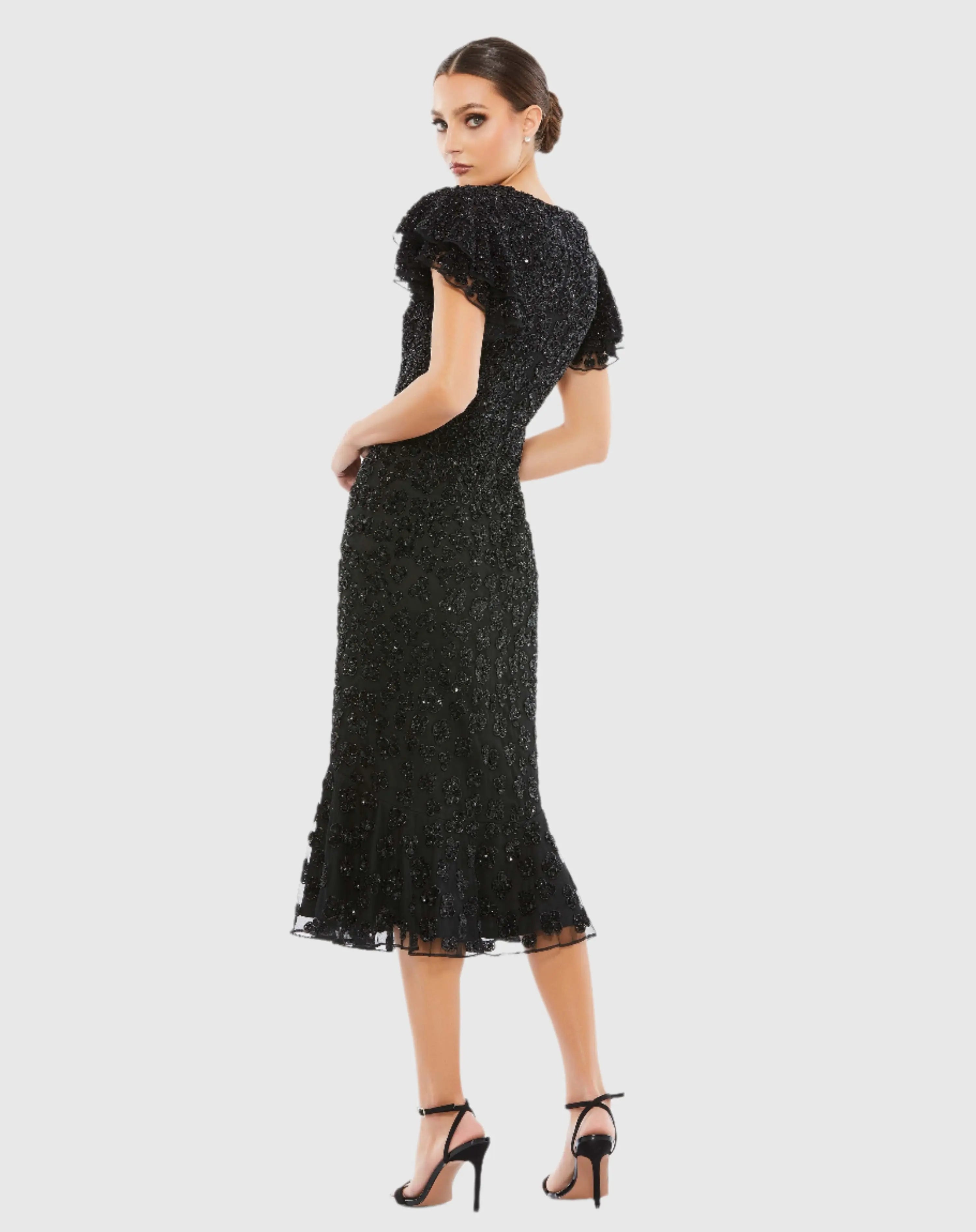 Black Hand Beaded Flounce Sleeve Midi Dress