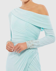 Blue Foldover Long Sleeve Jeweled Midi Dress