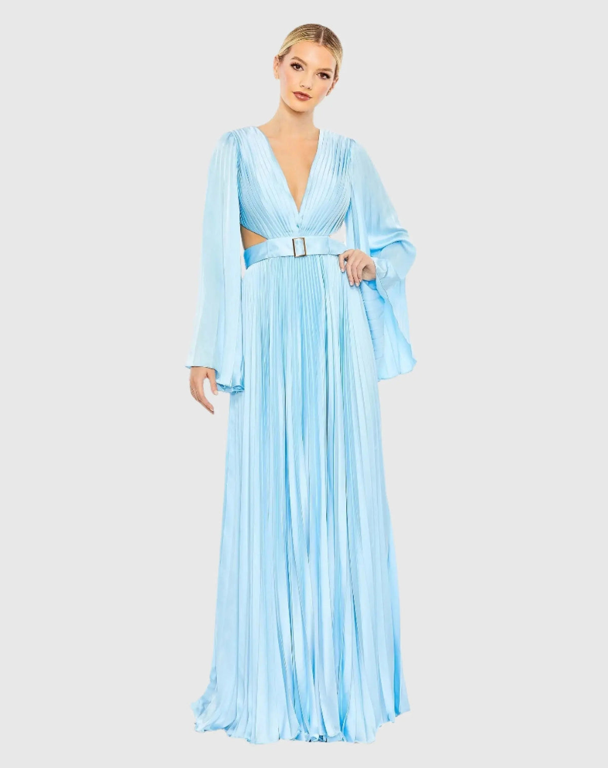 Blue Long Sleeve  Lace up Back Charmeuse Gown - FINAL SALE