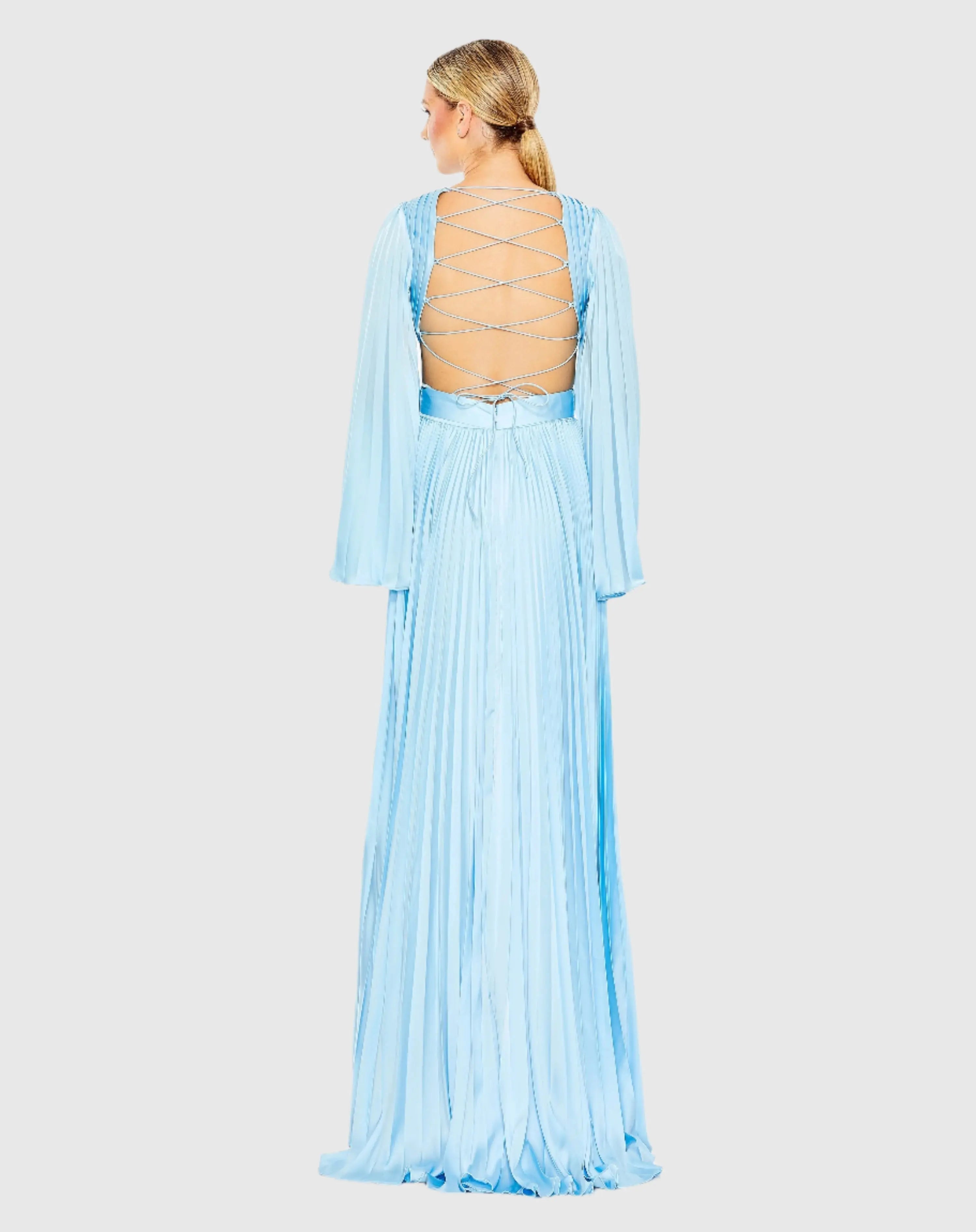 Blue Long Sleeve  Lace up Back Charmeuse Gown - FINAL SALE