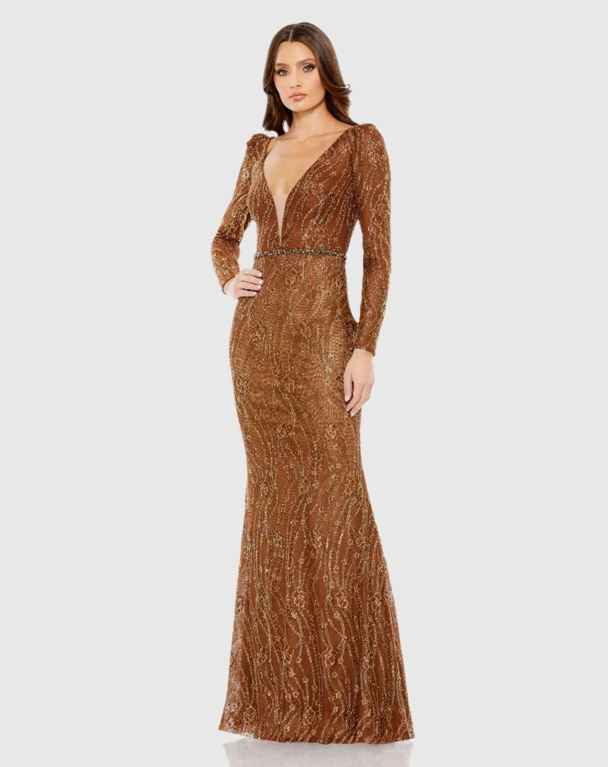 Brown Embellished Long Sleeve Plunge Trumpet Gown - FINAL SALE