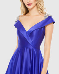 Blue Embellished Cap Sleeve V Neck A Line Gown