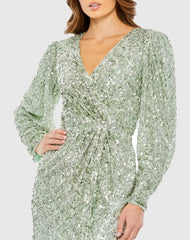 Green Embellished Faux Wrap Puff Sleeve Gown