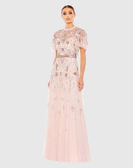 Pink Embellished High Neck Butterfly Sleeve Gown