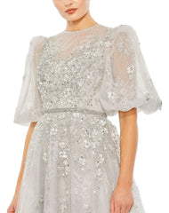 Gray Embellished Puff Sleeve A Line Gown