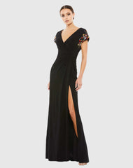 Black Embellished Sleeve Jersey Wrap Gown