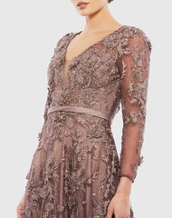Brown Embroidered Long Sleeve Plunge Neck A-Line Gown