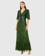 Green Flutter Sleeve Deep V Ruffle Hem Sequin Gown