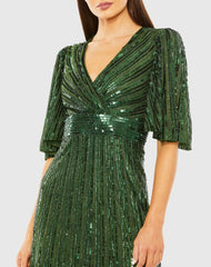 Green Flutter Sleeve Deep V Ruffle Hem Sequin Gown
