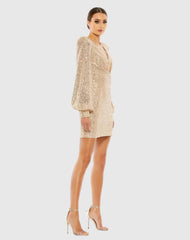Gold Sequined Structured Bishop Sleeve Mini Dress