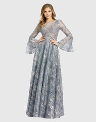 Gray Embellished Illusion Bell Sleeve A Line Gown