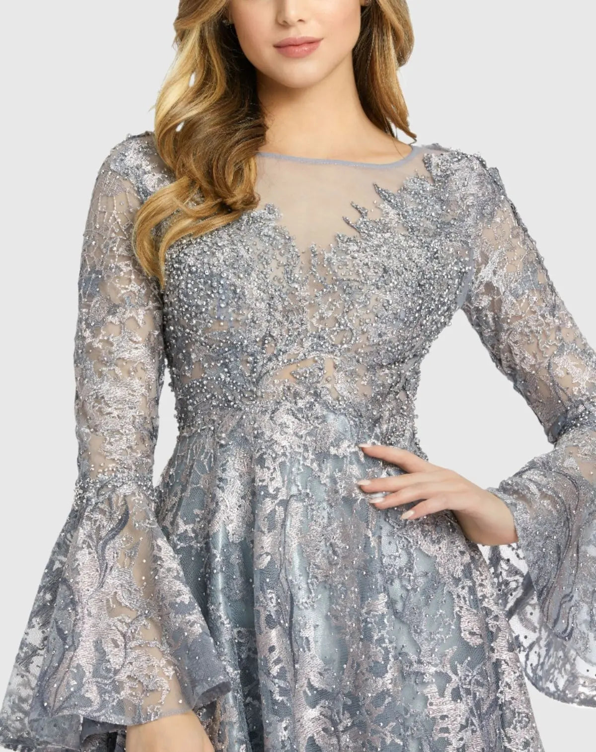 Gray Embellished Illusion Bell Sleeve A Line Gown