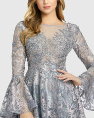 Gray Embellished Illusion Bell Sleeve A Line Gown