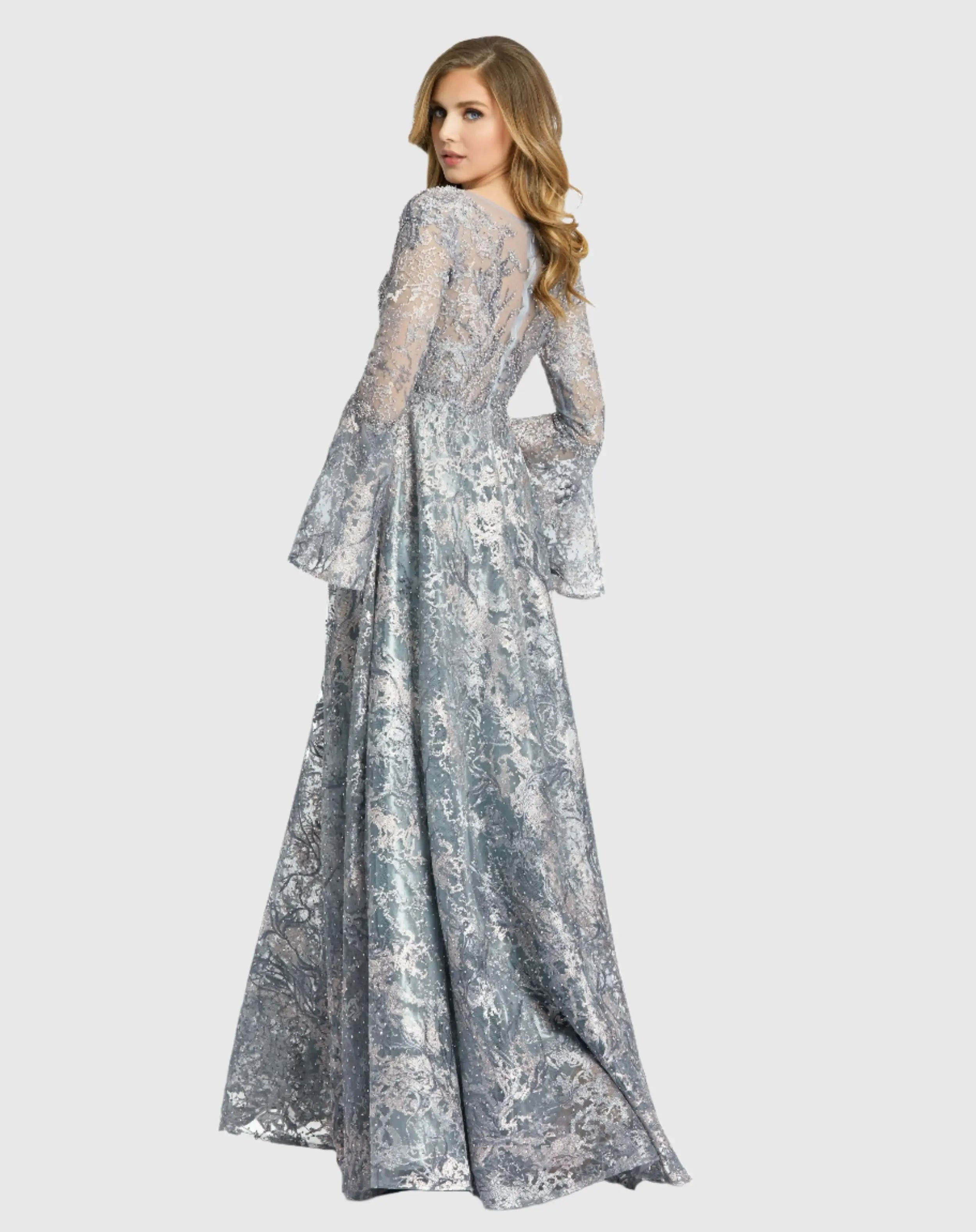 Gray Embellished Illusion Bell Sleeve A Line Gown