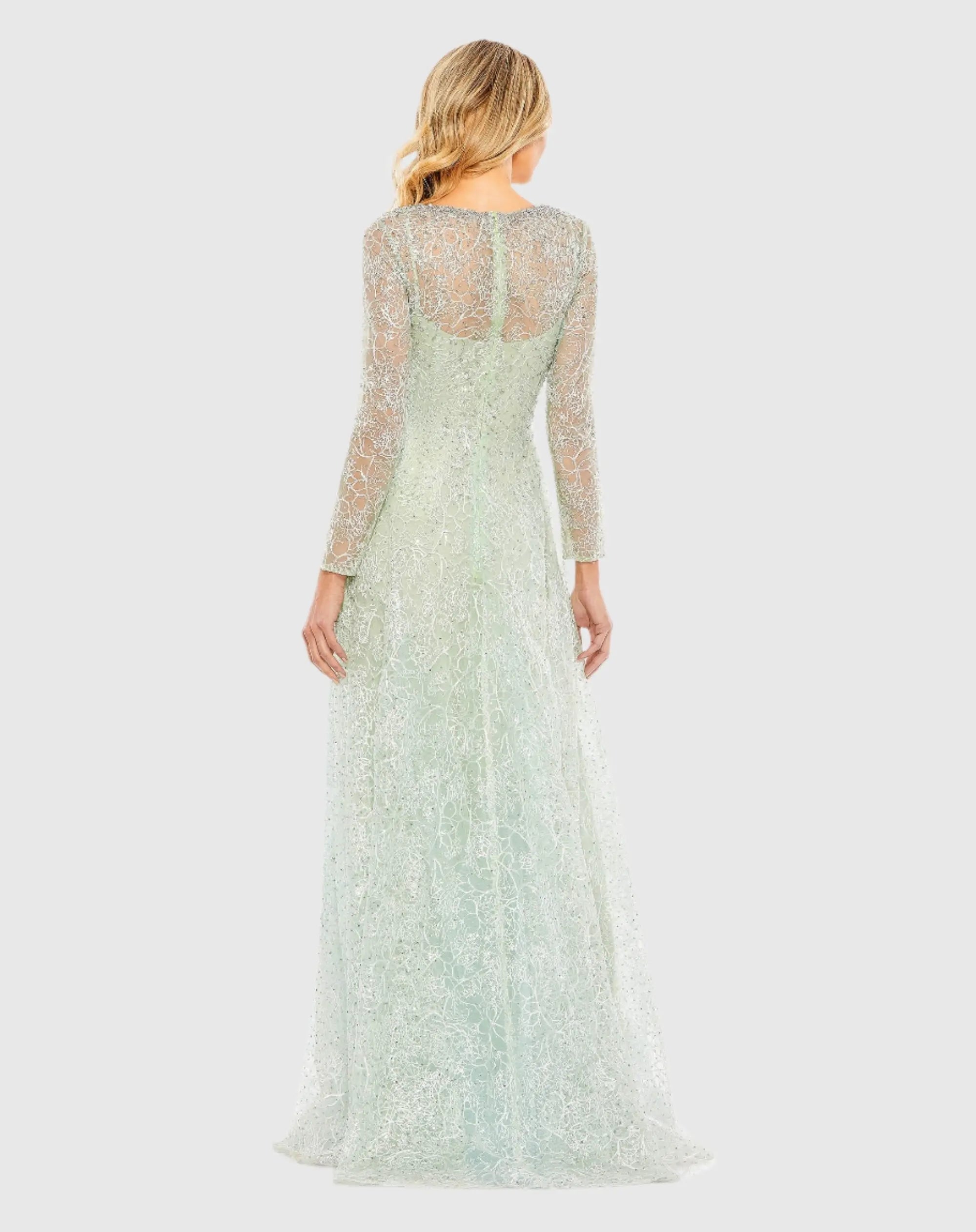 Green Crystal Embellished Long Sleeve V Neck Gown