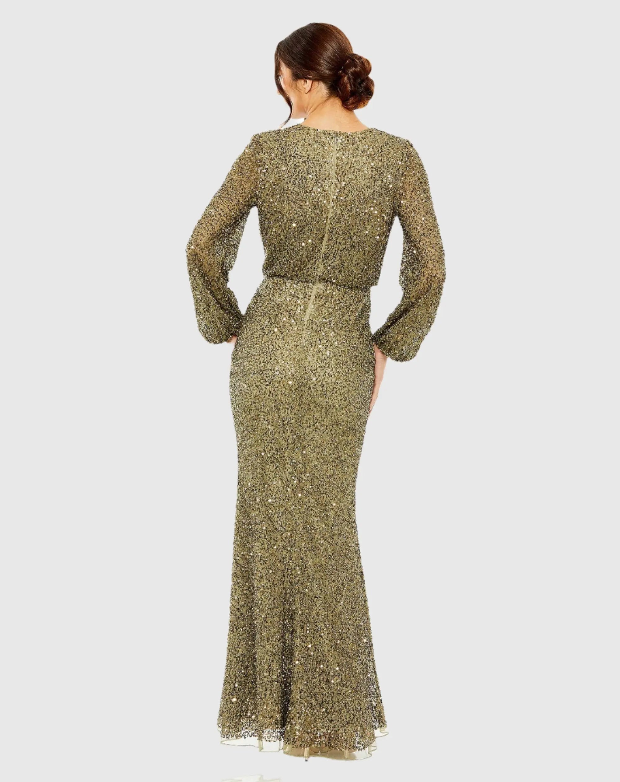Green High Neck Long Sleeve Beaded Blouson Gown