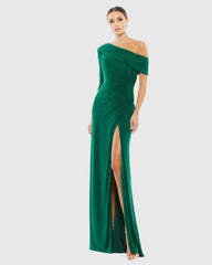 Green Ruched Jersey Drop Shoulder Foldover Gown