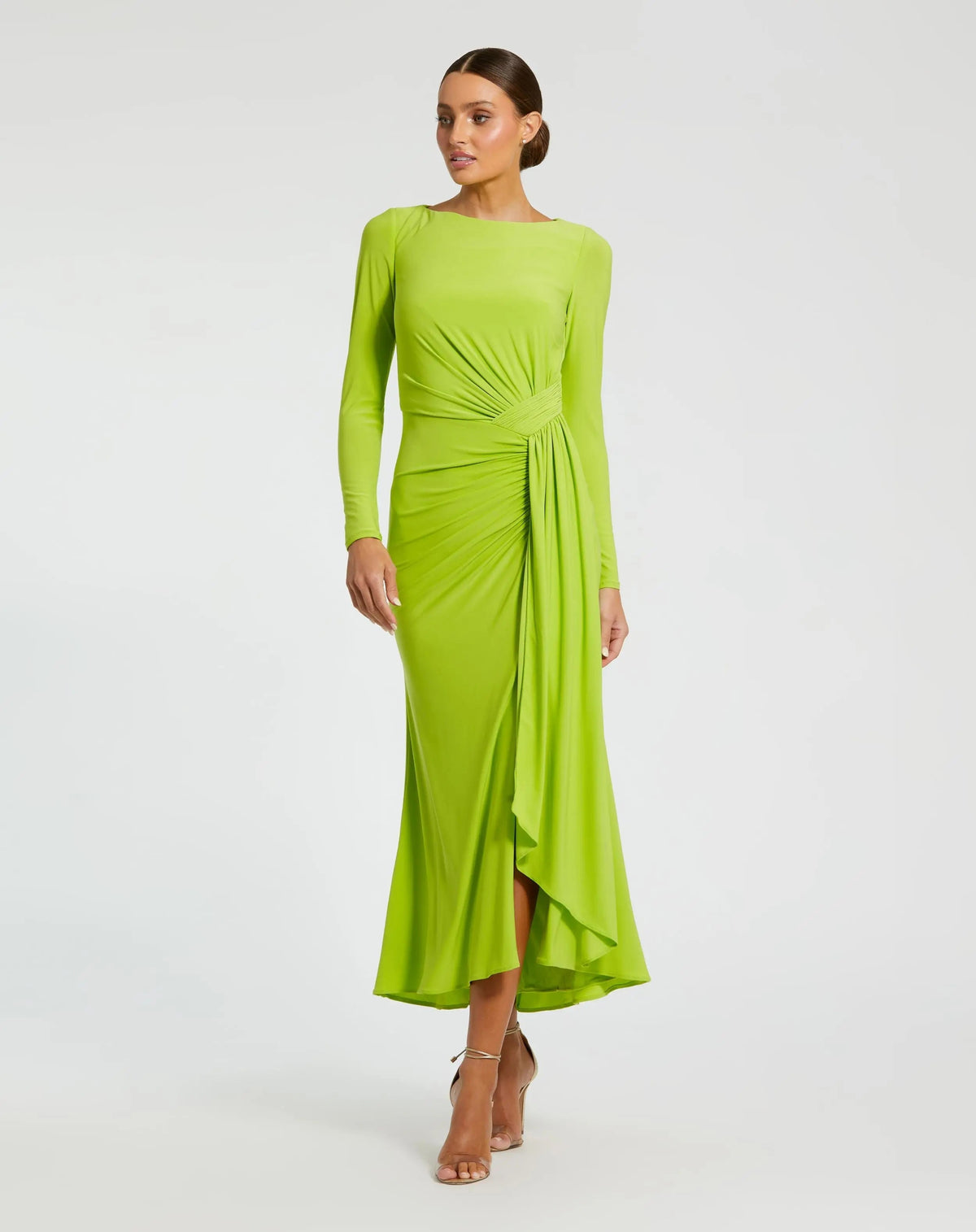 Green Ruched Long Sleeve Ruffle Hem Dress